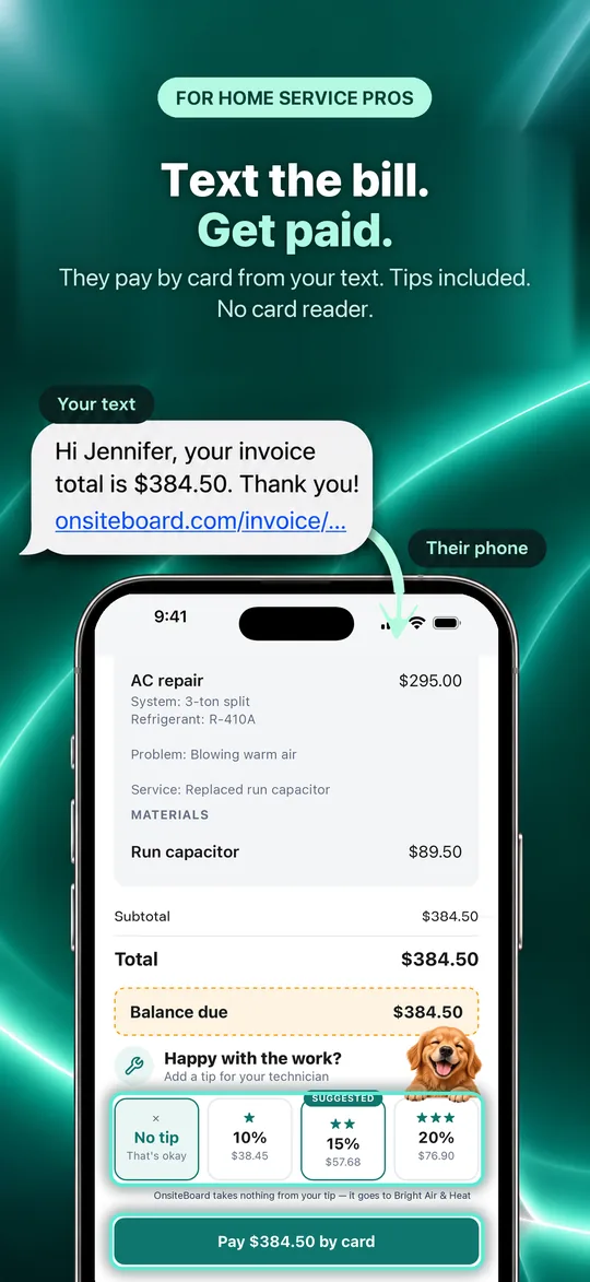 App Store screenshot: Text the bill. Get paid. They pay by card from your text. Tips included. No card reader.