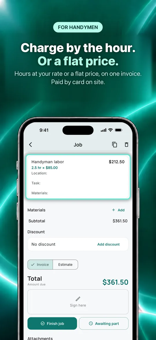 App Store screenshot: Charge by the hour. Or a flat price. Hours at your rate or a flat price, on one invoice. Paid by card on site.