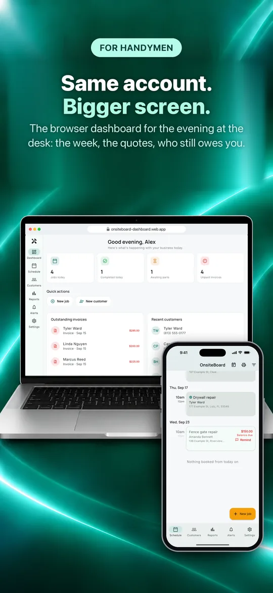 App Store screenshot: Same account. Bigger screen. The browser dashboard for the evening at the desk: the week, the quotes, who still owes you.