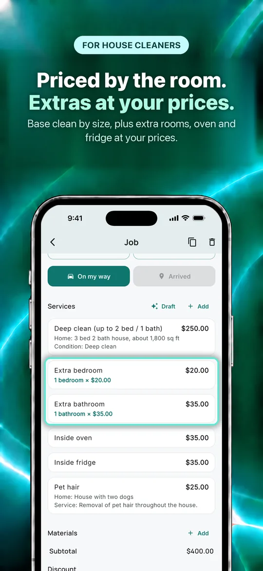 App Store screenshot: Priced by the room. Extras at your prices. Base clean by size, plus extra rooms, oven and fridge at your prices.