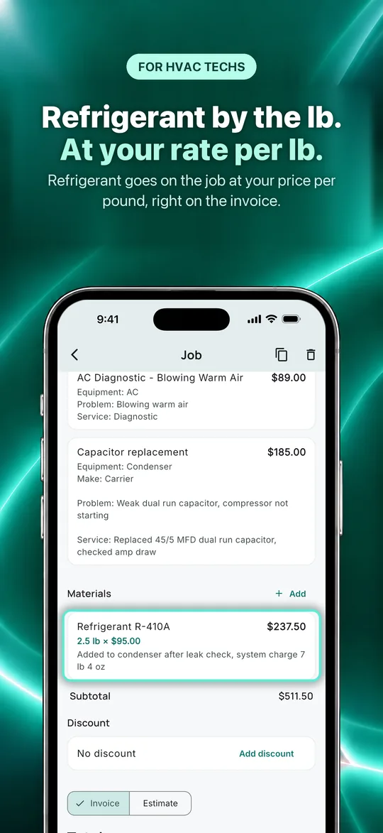 App Store screenshot: Refrigerant by the lb. At your rate per lb. Refrigerant goes on the job at your price per pound, right on the invoice.