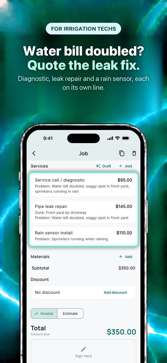 App Store screenshot: Water bill doubled? Quote the leak fix. Diagnostic, leak repair and a rain sensor, each on its own line.