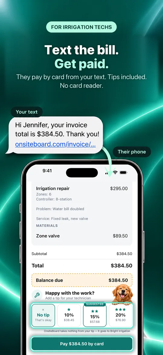 App Store screenshot: Text the bill. Get paid. They pay by card from your text. Tips included. No card reader.