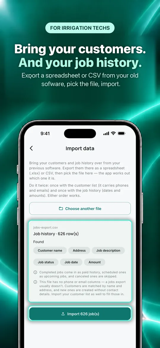 App Store screenshot: Bring your customers. And your job history. Export a spreadsheet or CSV from your old software, pick the file, import.