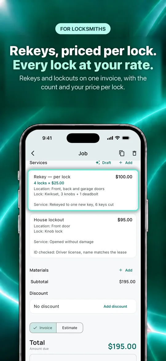 App Store screenshot: Rekeys, priced per lock. Every lock at your rate. Rekeys and lockouts on one invoice, with the count and your price per lock.