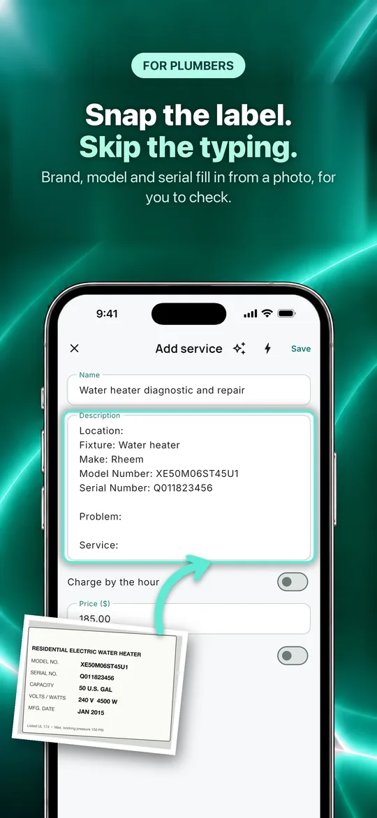 App Store screenshot: Snap the label. Skip the typing. Brand, model and serial fill in from a photo, for you to check.