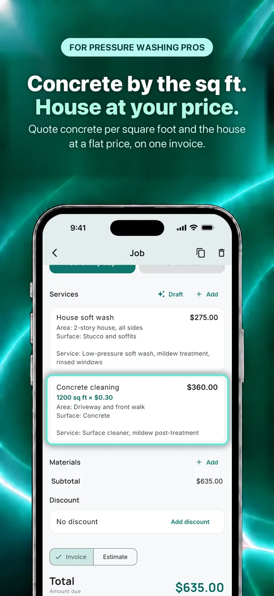 App Store screenshot: Concrete by the sq ft. House at your price. Quote concrete per square foot and the house at a flat price, on one invoice.
