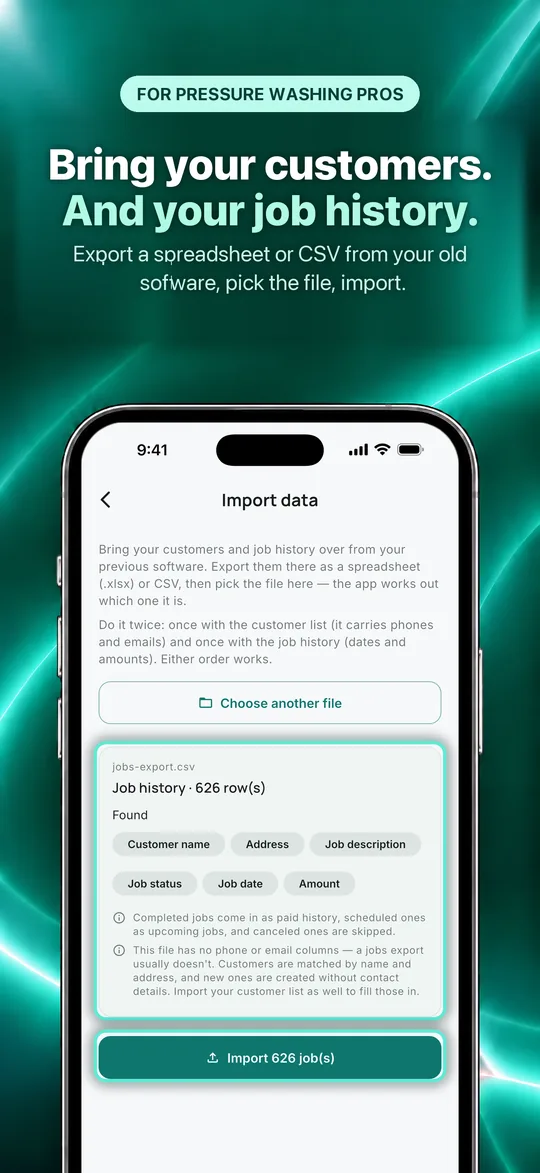 App Store screenshot: Bring your customers. And your job history. Export a spreadsheet or CSV from your old software, pick the file, import.