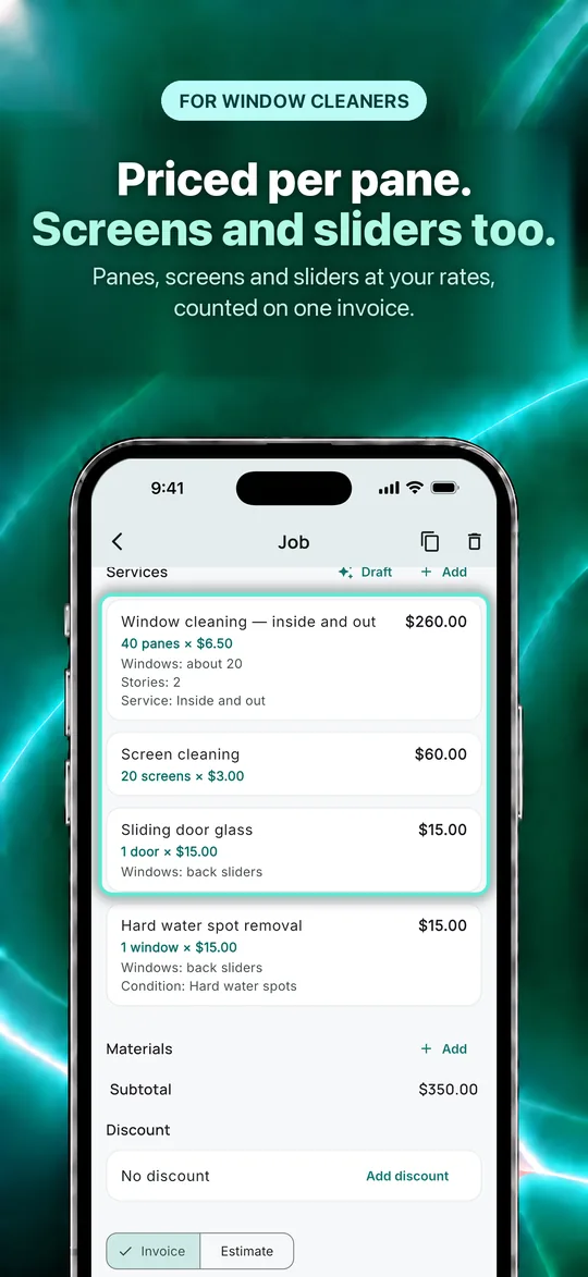 App Store screenshot: Priced per pane. Screens and sliders too. Panes, screens and sliders at your rates, counted on one invoice.