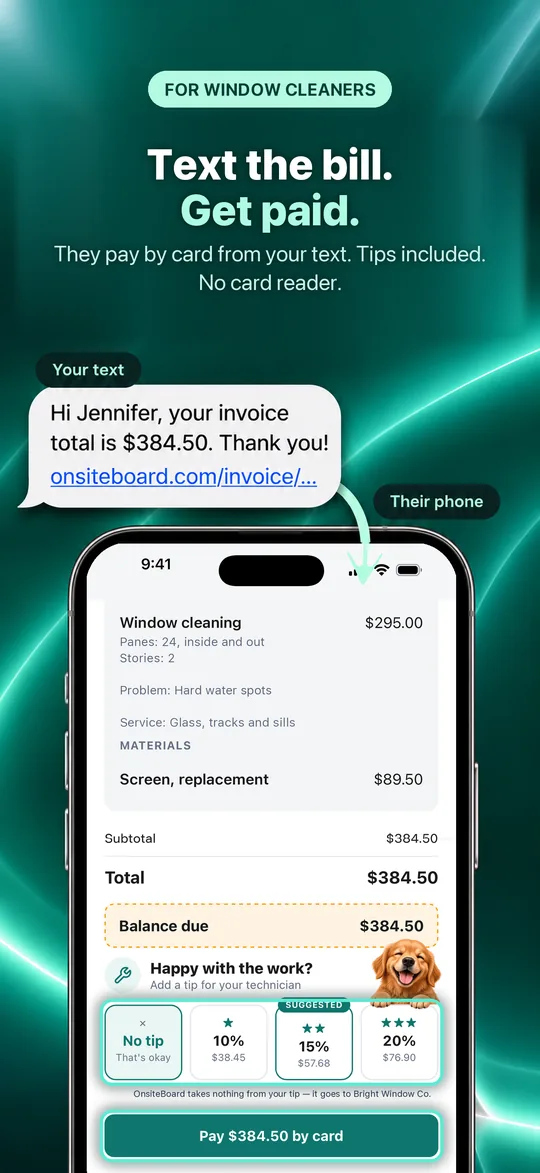 App Store screenshot: Text the bill. Get paid. They pay by card from your text. Tips included. No card reader.