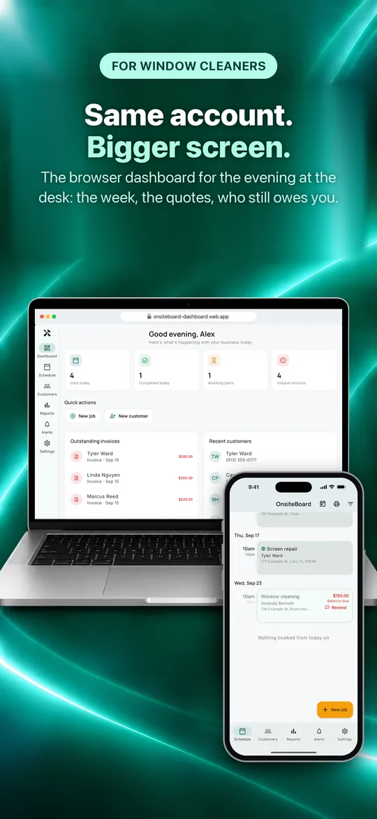 App Store screenshot: Same account. Bigger screen. The browser dashboard for the evening at the desk: the week, the quotes, who still owes you.