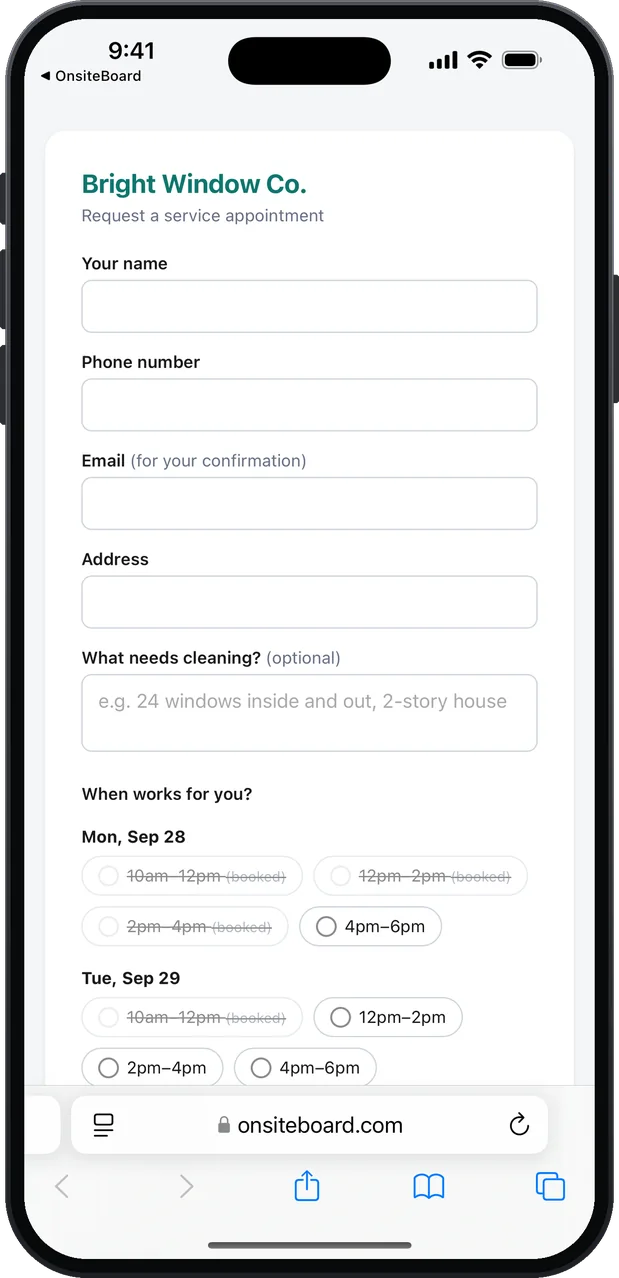 The customer's booking page for Bright Window Co. in Safari: fields for name, phone, email and address, "What needs cleaning?" with the example "24 windows inside and out, 2-story house", and arrival windows for the next days, the booked ones crossed out.