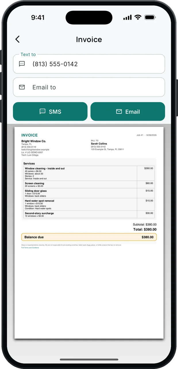 An invoice ready to send by SMS or email, with Lic. # in the header: Window cleaning — inside and out, 40 panes × $6.50, $260.00, with Windows, Stories and Service lines, screens, a sliding door, hard water spot removal and a second-story surcharge, 10 windows × $3.00; total and balance due $380.00, and the business's terms about pre-existing scratches and fogged seals at the bottom.
