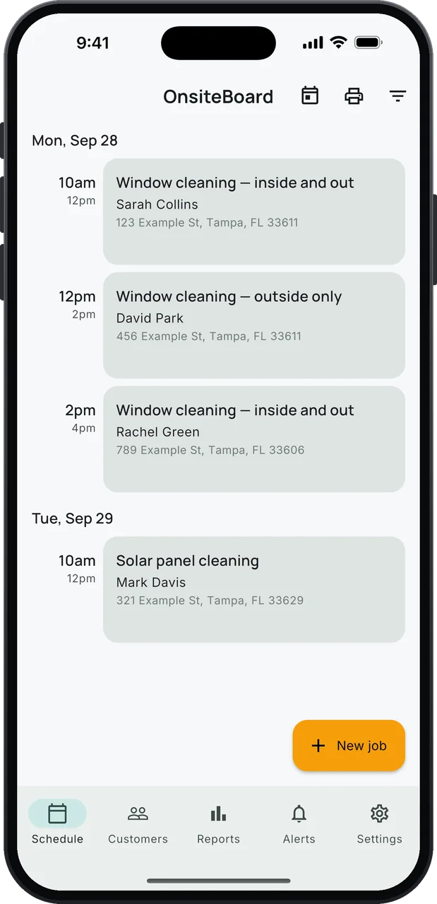 OnsiteBoard's Schedule screen on an iPhone: window cleaning jobs in arrival windows, inside and out, outside only, another inside and out, and solar panel cleaning the next morning, with an amber New job button.